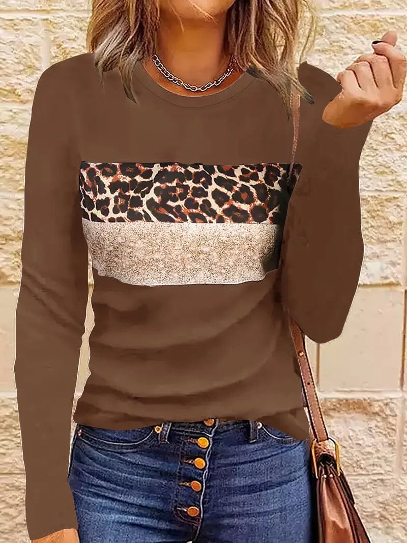 Leopard Printed Crew Neck Tee, Relaxed Long Sleeve Shirt Ideal for Spring & Autumn, Women's Fashion