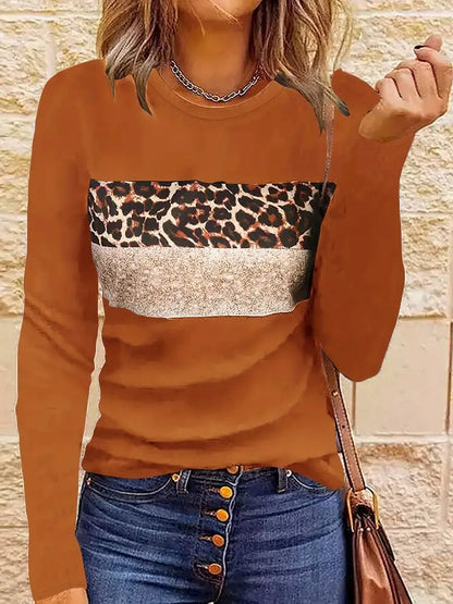 Leopard Printed Crew Neck Tee, Relaxed Long Sleeve Shirt Ideal for Spring & Autumn, Women's Fashion