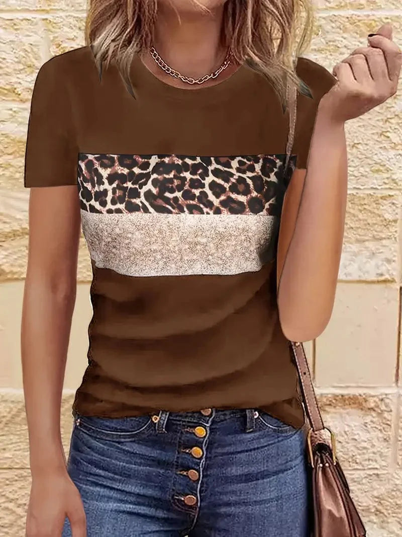 Leopard Printed Crew Neck Tee, Relaxed Long Sleeve Shirt Ideal for Spring & Autumn, Women's Fashion