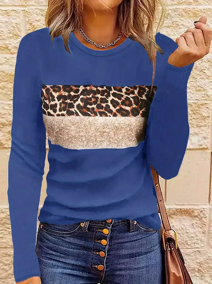 Leopard Printed Crew Neck Tee, Relaxed Long Sleeve Shirt Ideal for Spring & Autumn, Women's Fashion