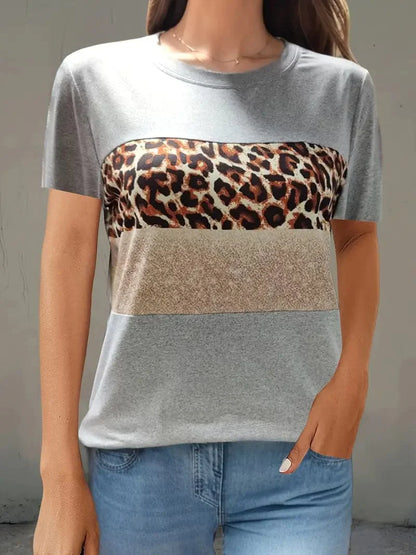 Leopard Printed Crew Neck Tee, Relaxed Long Sleeve Shirt Ideal for Spring & Autumn, Women's Fashion