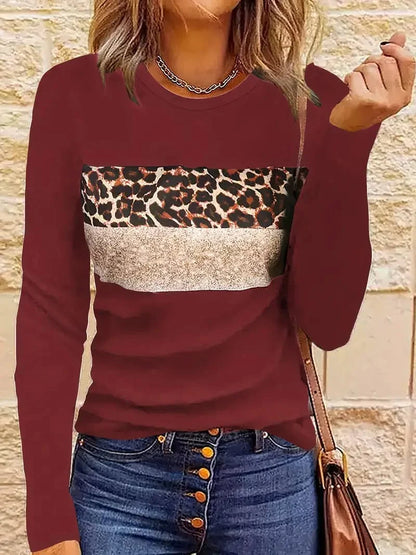 Leopard Printed Crew Neck Tee, Relaxed Long Sleeve Shirt Ideal for Spring & Autumn, Women's Fashion