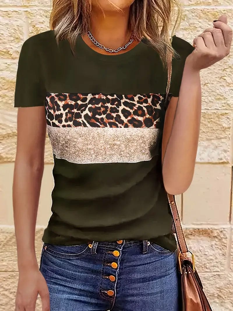 Leopard Printed Crew Neck Tee, Relaxed Long Sleeve Shirt Ideal for Spring & Autumn, Women's Fashion