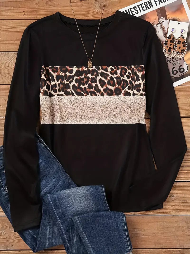 Leopard Printed Crew Neck Tee, Relaxed Long Sleeve Shirt Ideal for Spring & Autumn, Women's Fashion