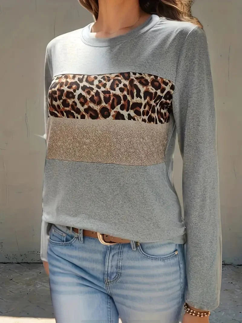 Leopard Printed Crew Neck Tee, Relaxed Long Sleeve Shirt Ideal for Spring & Autumn, Women's Fashion