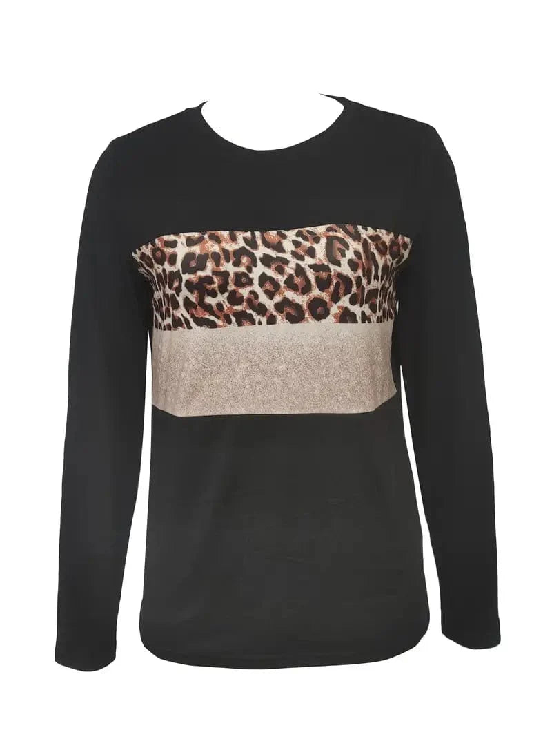 Leopard Printed Crew Neck Tee, Relaxed Long Sleeve Shirt Ideal for Spring & Autumn, Women's Fashion