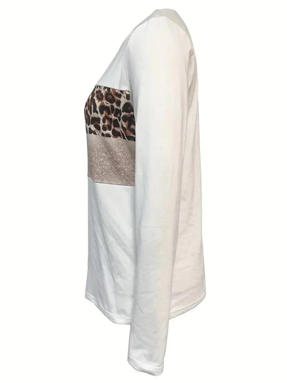 Leopard Printed Crew Neck Tee, Relaxed Long Sleeve Shirt Ideal for Spring & Autumn, Women's Fashion