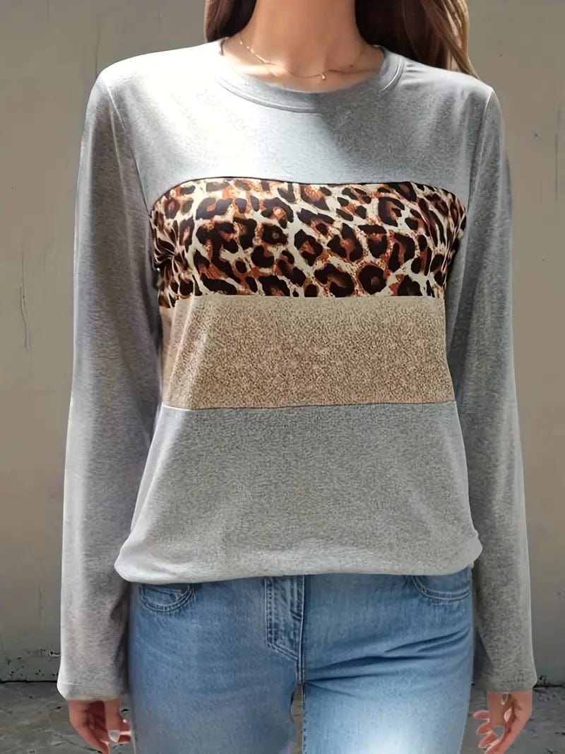 Leopard Printed Crew Neck Tee, Relaxed Long Sleeve Shirt Ideal for Spring & Autumn, Women's Fashion