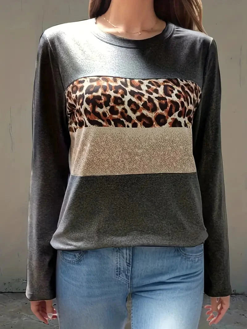 Leopard Printed Crew Neck Tee, Relaxed Long Sleeve Shirt Ideal for Spring & Autumn, Women's Fashion