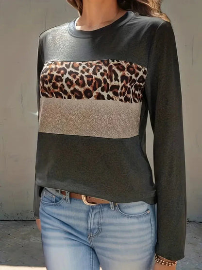 Leopard Printed Crew Neck Tee, Relaxed Long Sleeve Shirt Ideal for Spring & Autumn, Women's Fashion