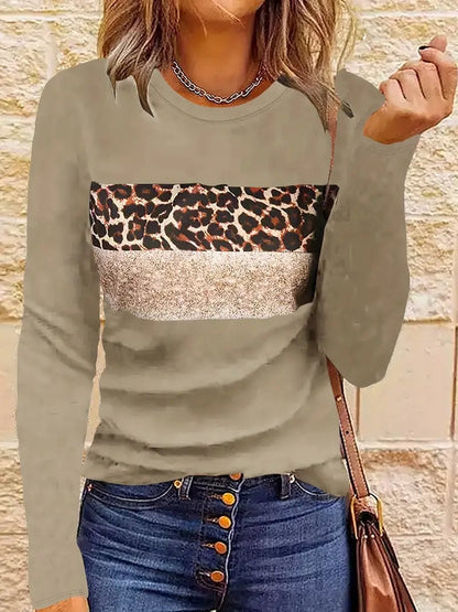 Leopard Printed Crew Neck Tee, Relaxed Long Sleeve Shirt Ideal for Spring & Autumn, Women's Fashion