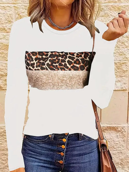 Leopard Printed Crew Neck Tee, Relaxed Long Sleeve Shirt Ideal for Spring & Autumn, Women's Fashion