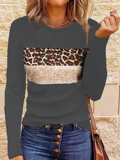 Leopard Printed Crew Neck Tee, Relaxed Long Sleeve Shirt Ideal for Spring & Autumn, Women's Fashion