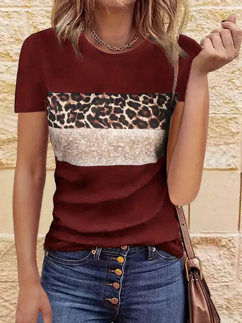 Leopard Printed Crew Neck Tee, Relaxed Long Sleeve Shirt Ideal for Spring & Autumn, Women's Fashion