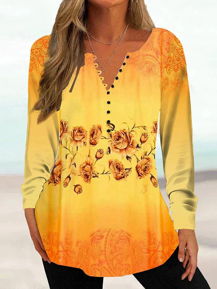 Floral Print Long Sleeve Henley Blouse for Women