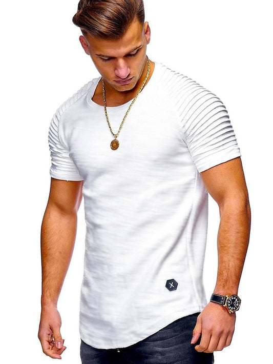 Men's T shirt Tee Tee Plain Slim Pleated Crew Neck Plus Size Normal Casual Short Sleeve Pleated Sleeve Clothing Apparel Sportswear Muscle Esencial