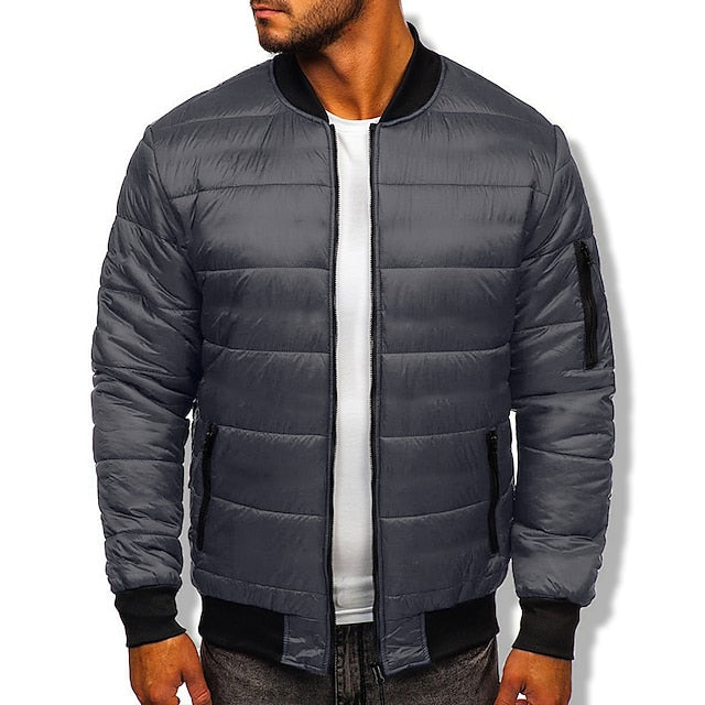 Men's Bomber Jacket Quilted Jacket Padded Sports & Outdoor Casual Classic & Timeless Warm Winter Solid Color Navy Wine Red ArmyGreen Black Puffer Jacket