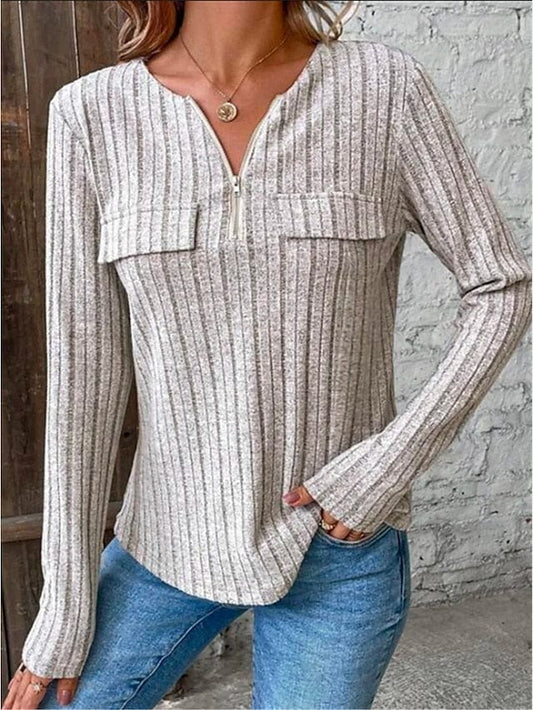 Ribbed Gray Zipper Women's Blouse for Casual and Fashion-forward Look