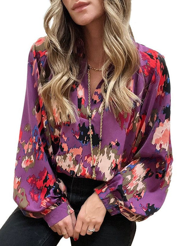 Light and Airy Colorful V-Neck Chiffon Blouse with Lantern Sleeves