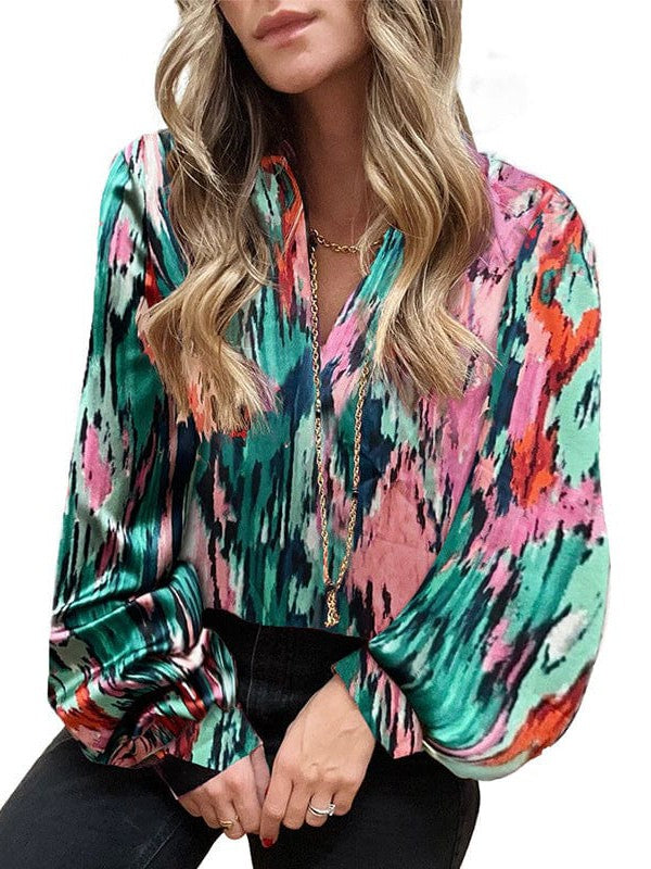 Light and Airy Colorful V-Neck Chiffon Blouse with Lantern Sleeves