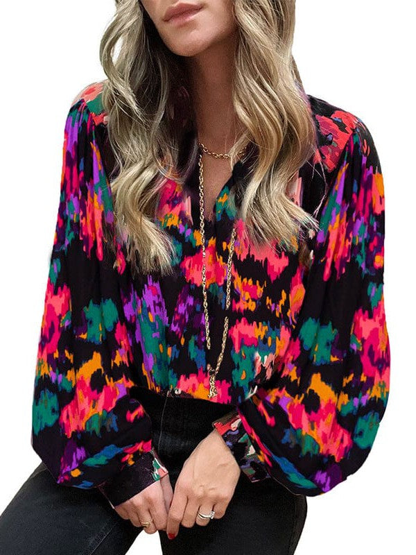 Light and Airy Colorful V-Neck Chiffon Blouse with Lantern Sleeves