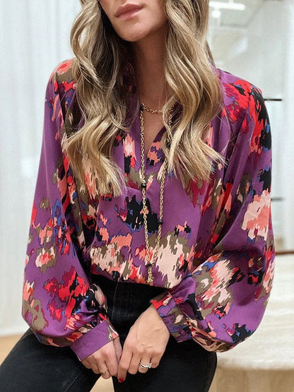 Light and Airy Colorful V-Neck Chiffon Blouse with Lantern Sleeves