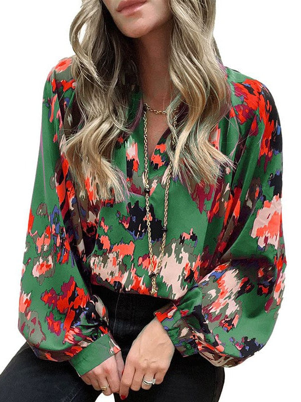 Light and Airy Colorful V-Neck Chiffon Blouse with Lantern Sleeves