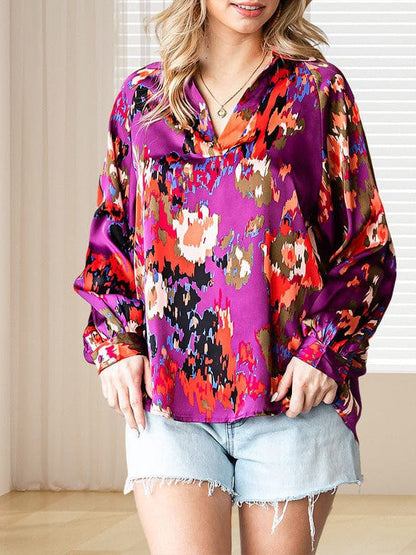 Light and Airy Colorful V-Neck Chiffon Blouse with Lantern Sleeves