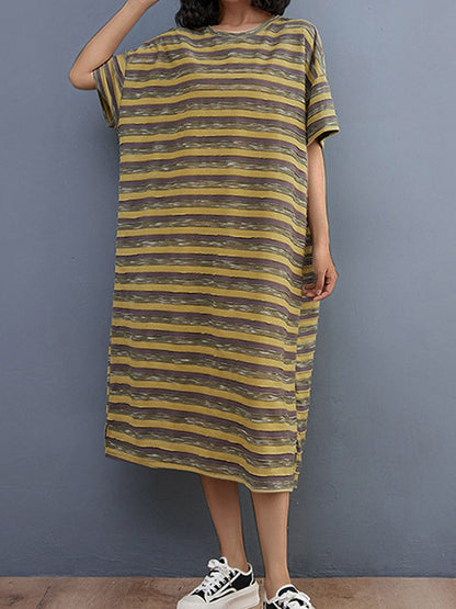 Literary And Retro Striped Loose Midi Dress