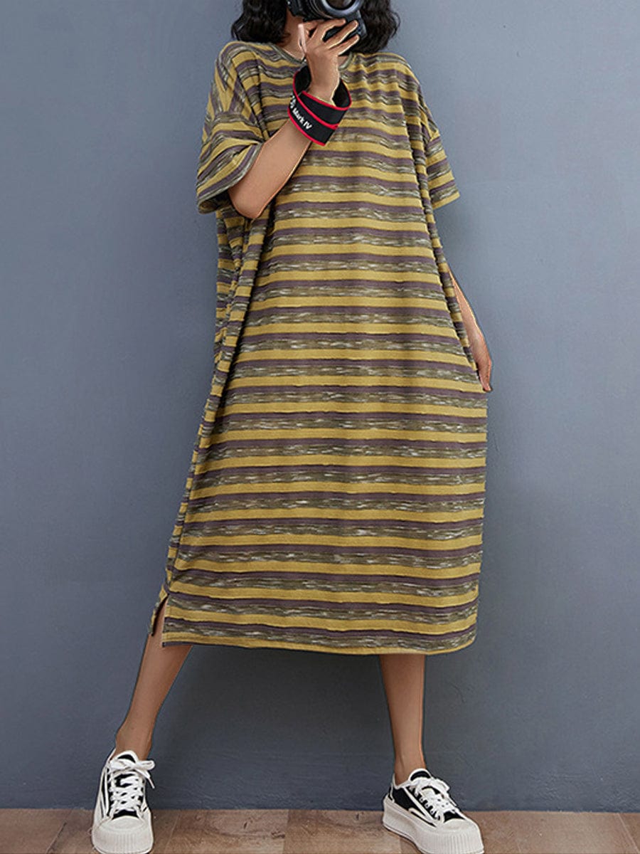 Literary And Retro Striped Loose Midi Dress