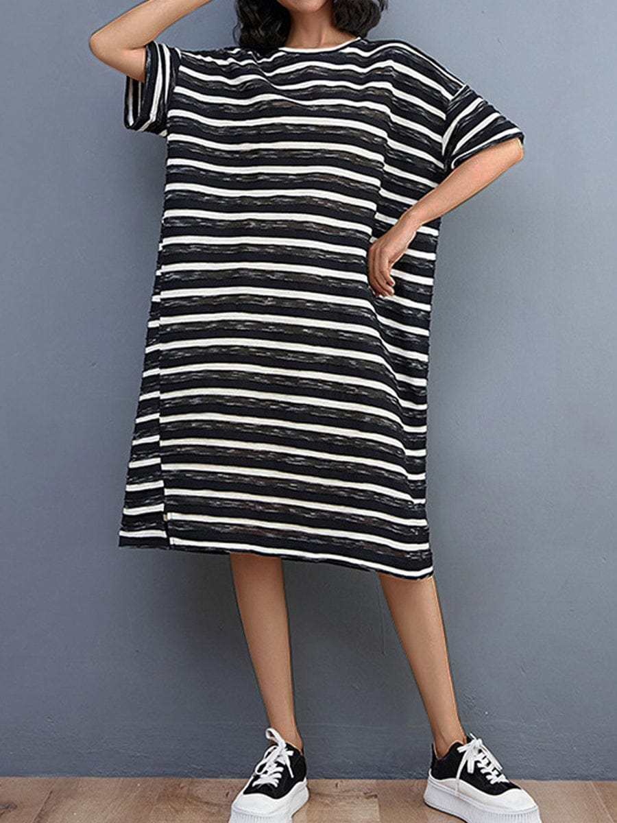 Literary And Retro Striped Loose Midi Dress