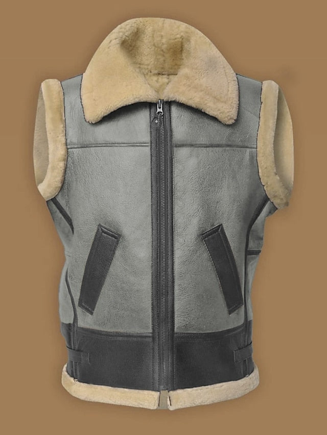 Vintage Retro Men's Leather Shearling Zip-Up Vest with Faux Fur Lining in Deep Green