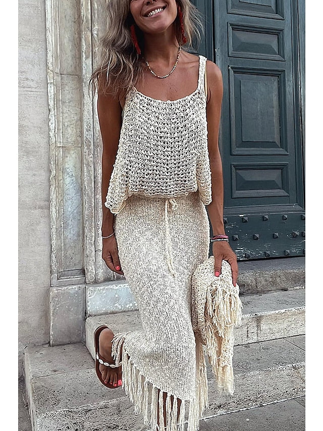 Khaki Crochet Knit Women's Sweater Set with Tassel and Hole Detail