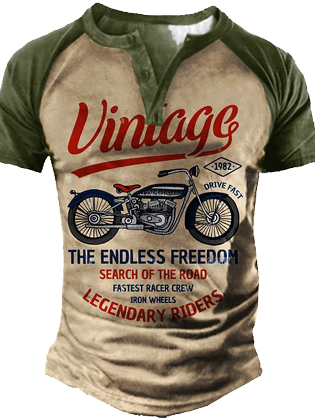 Men's T shirt Tee Henley Shirt Tee Graphic Letter Motorcycle Henley Blue Brown Green Khaki 3D Print Plus Size Outdoor Daily Short Sleeve Button-Down Print Clothing Apparel Designer Stylish Vintage