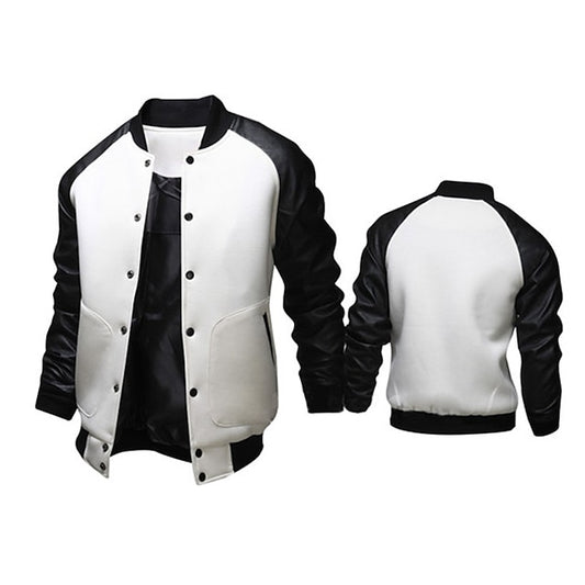 Men's Bomber Jacket Varsity Jacket Training Causal Leather Sleeved Spring Fall Solid Color Basic Regular Black White Light Grey Dark Gray Jacket