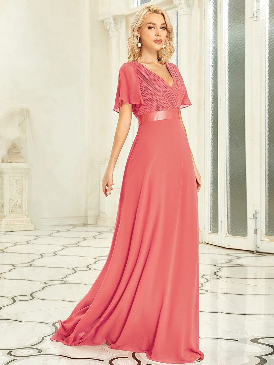 Long Empire Waist Bridesmaid Dress with Short Flutter Sleeves