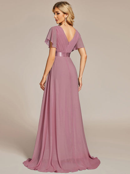 Long Empire Waist Bridesmaid Dress with Short Flutter Sleeves