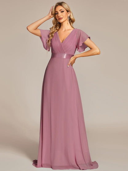 Long Empire Waist Bridesmaid Dress with Short Flutter Sleeves