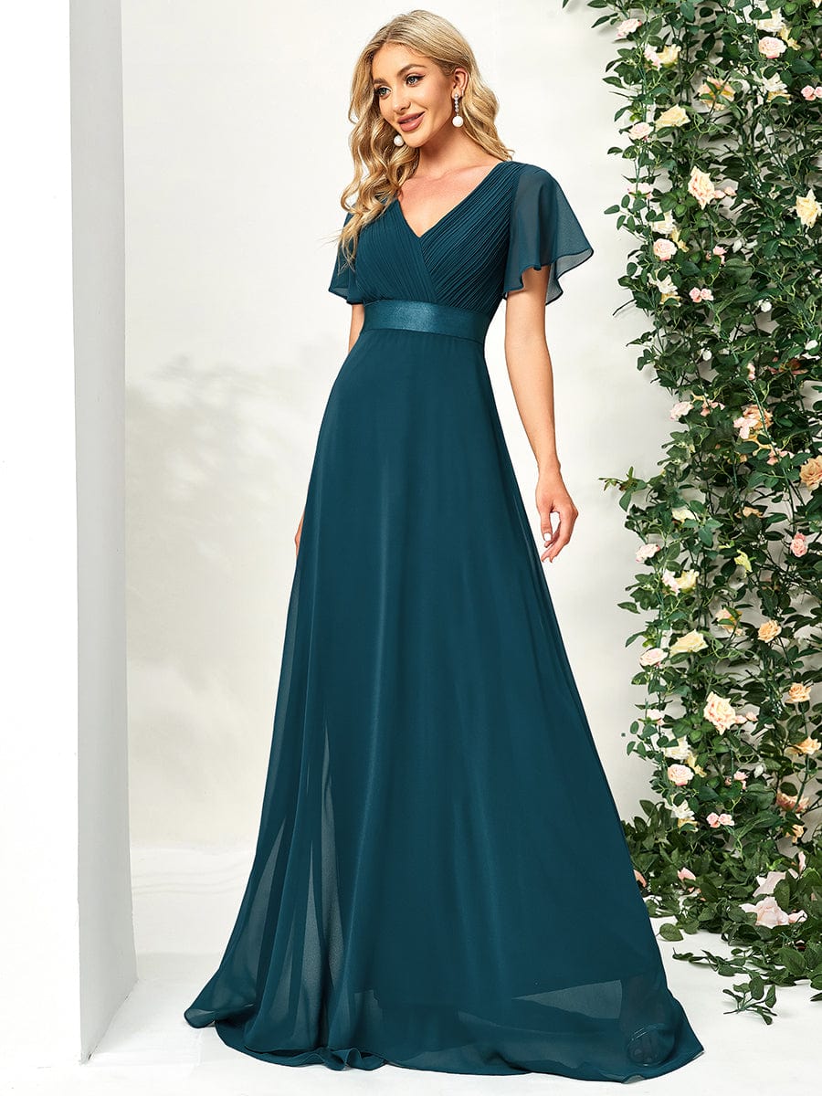 Long Empire Waist Bridesmaid Dress with Short Flutter Sleeves