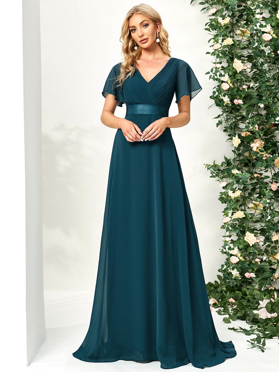 Long Empire Waist Bridesmaid Dress with Short Flutter Sleeves