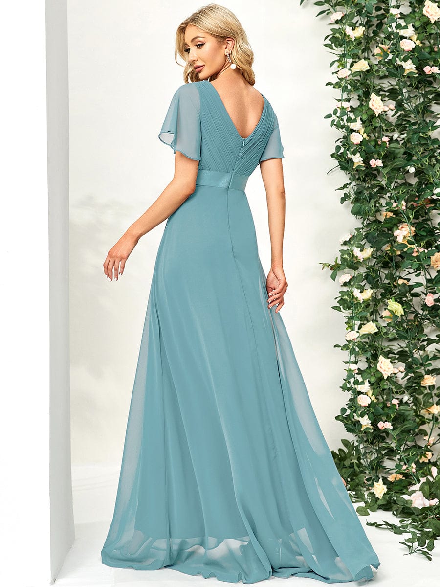 Long Empire Waist Bridesmaid Dress with Short Flutter Sleeves