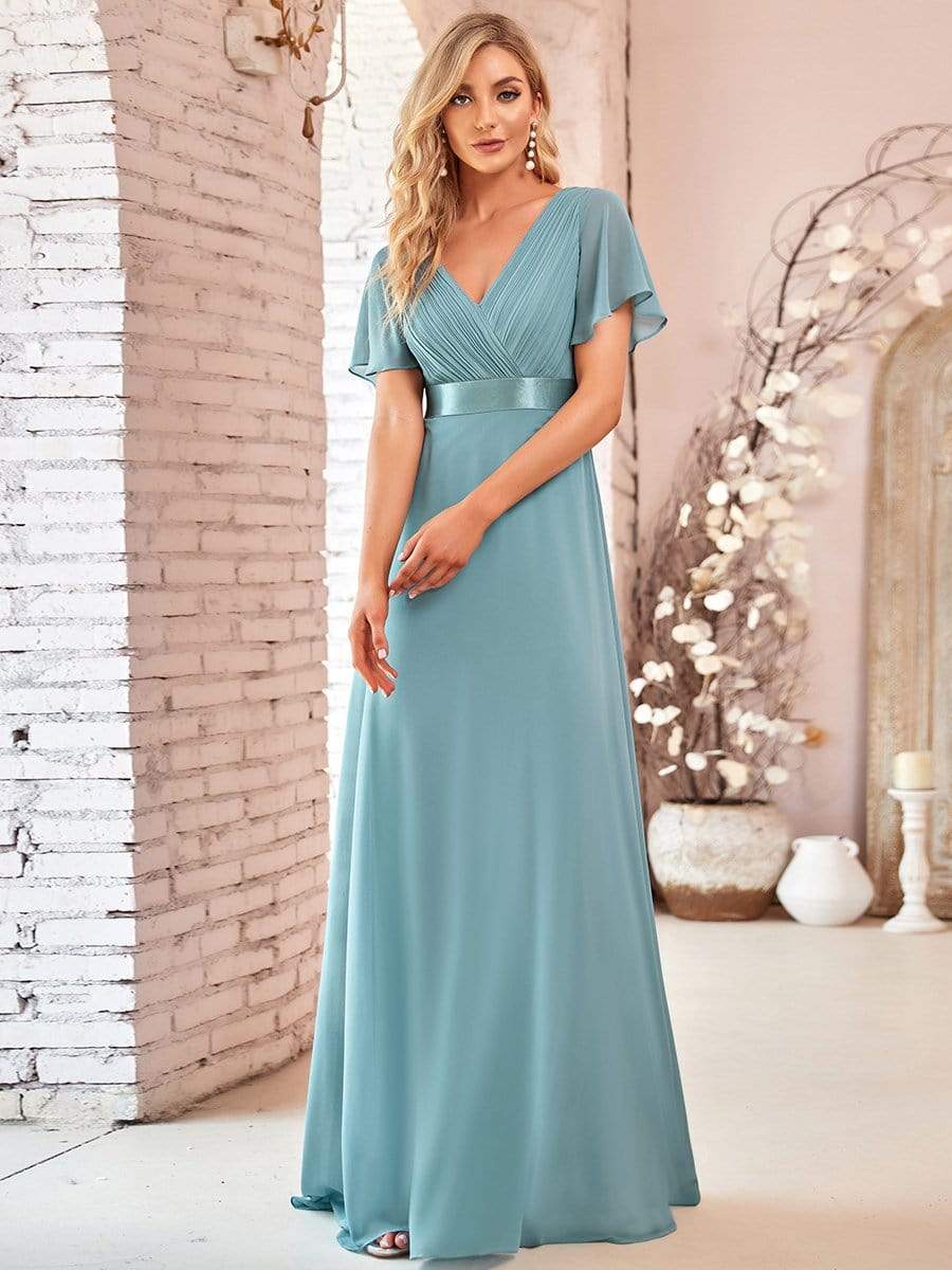 Long Empire Waist Bridesmaid Dress with Short Flutter Sleeves