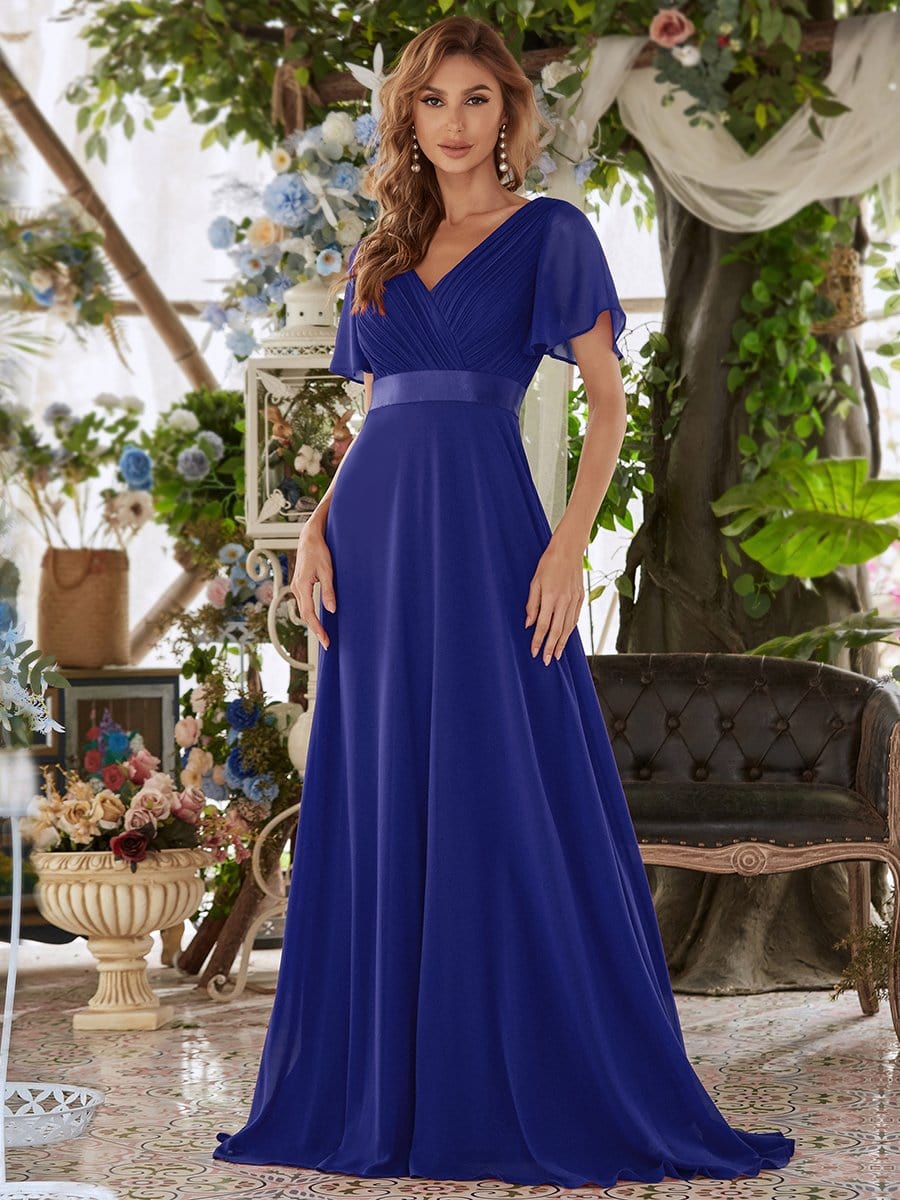 Long Empire Waist Bridesmaid Dress with Short Flutter Sleeves