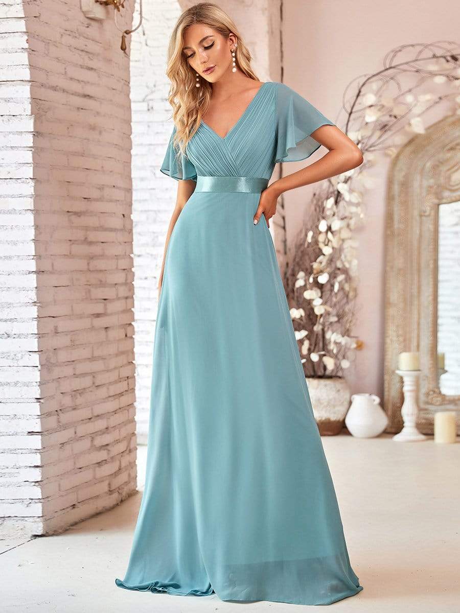 Long Empire Waist Bridesmaid Dress with Short Flutter Sleeves