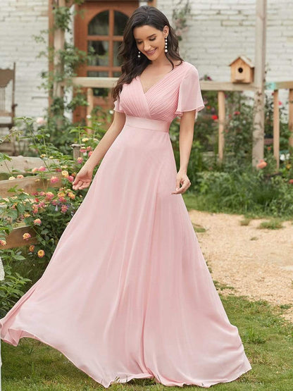 Long Empire Waist Bridesmaid Dress with Short Flutter Sleeves