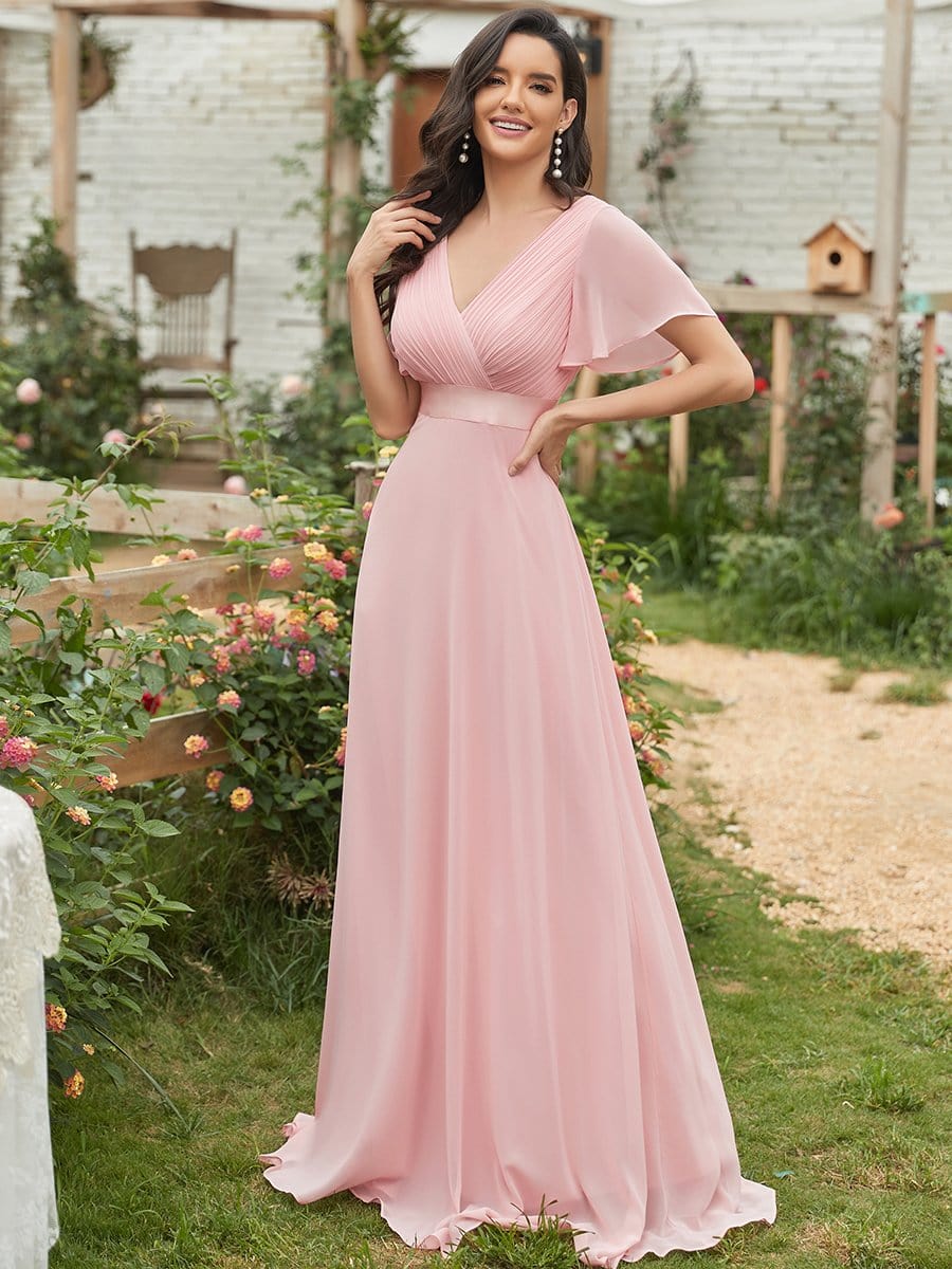 Long Empire Waist Bridesmaid Dress with Short Flutter Sleeves