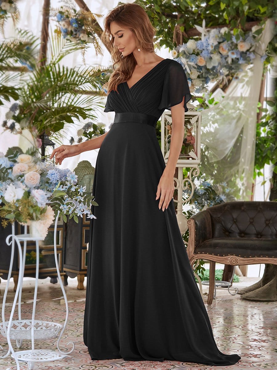 Long Empire Waist Bridesmaid Dress with Short Flutter Sleeves