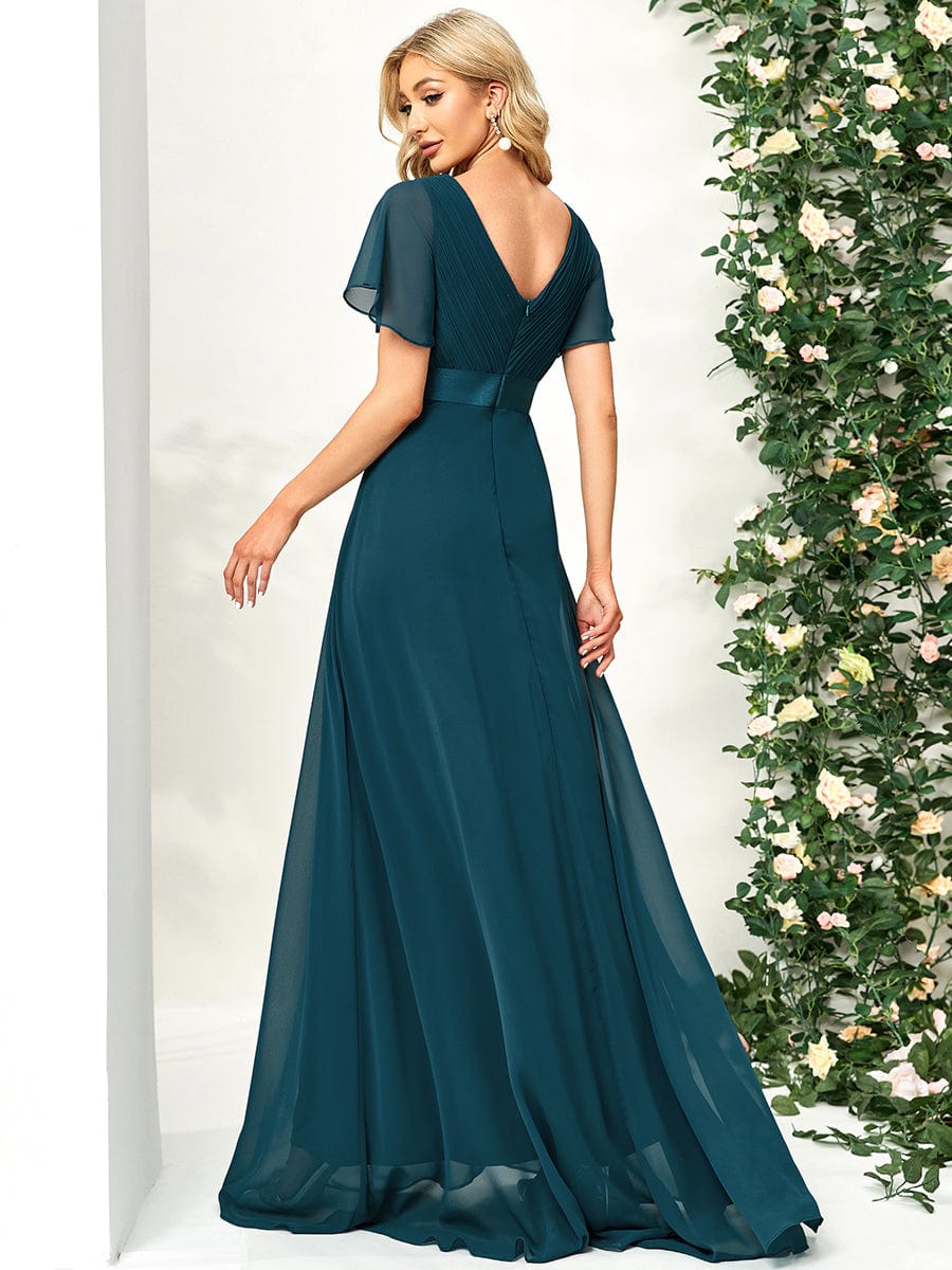 Long Empire Waist Bridesmaid Dress with Short Flutter Sleeves