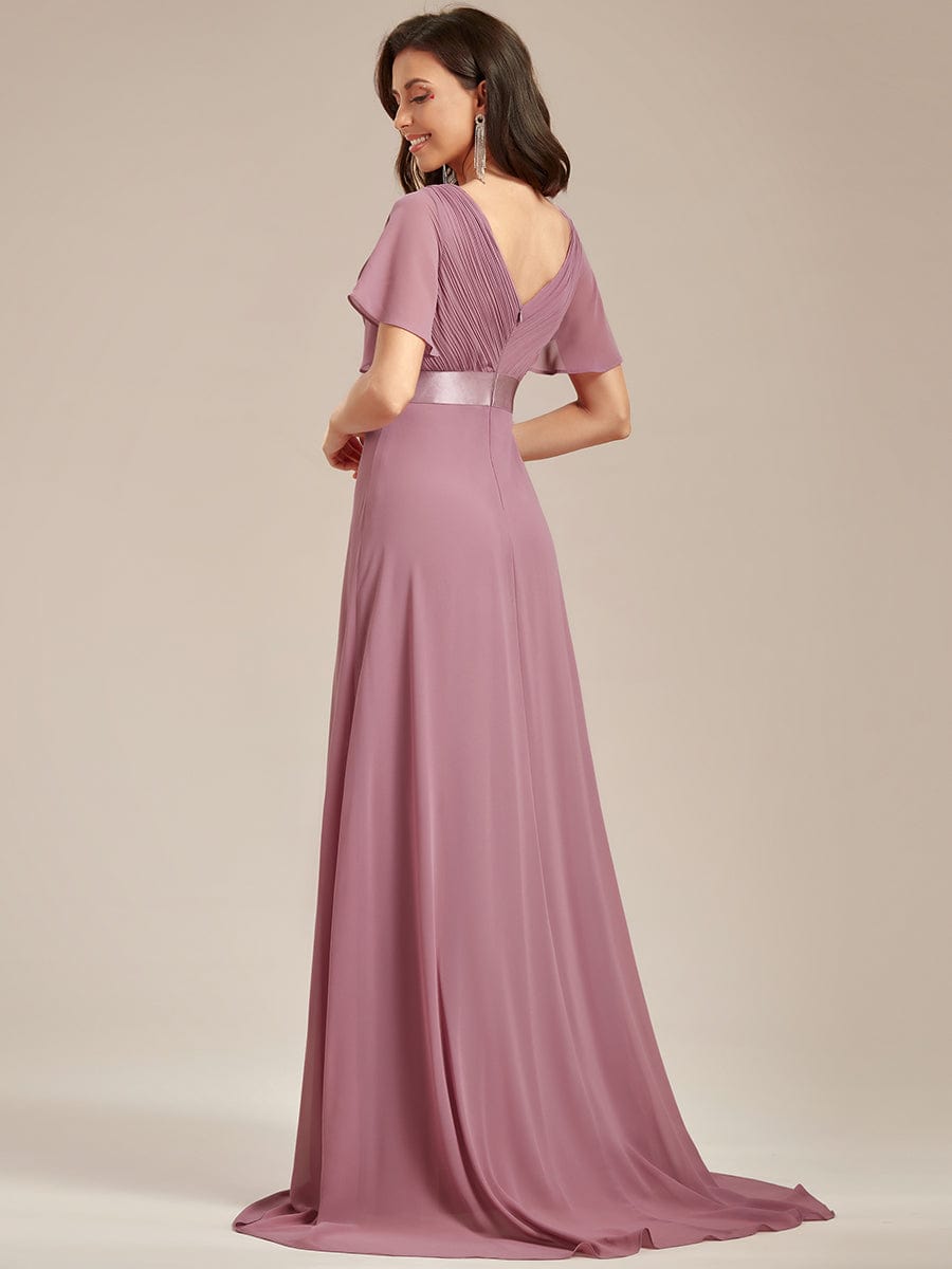 Long Empire Waist Bridesmaid Dress with Short Flutter Sleeves