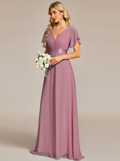 Long Empire Waist Bridesmaid Dress with Short Flutter Sleeves